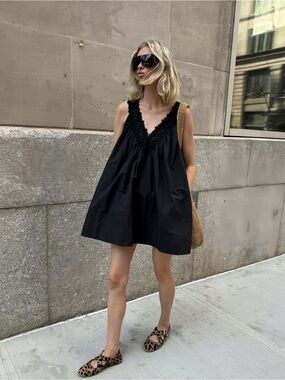 Mini Dress With Lace in Tech Poplin in Black